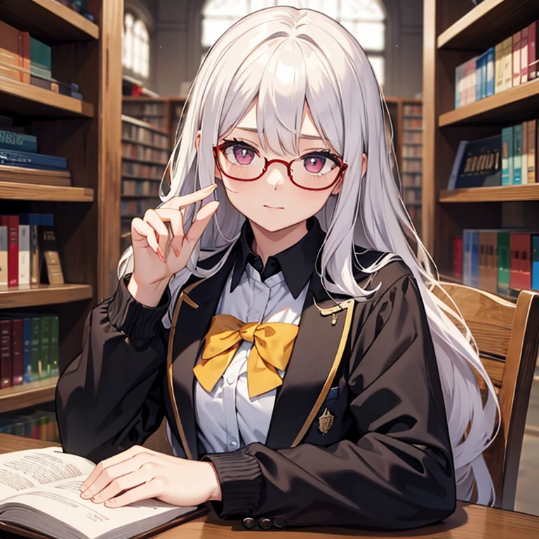 ，Upper body photos，long white hair，golden-framed glasses，red pupils，student uniform，library