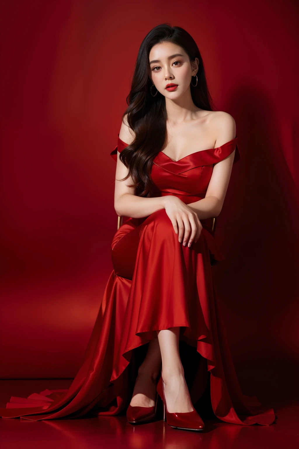 arafed woman in a red dress sitting on a red chair, wearing red dress, in a red dress, wearing a red dress, red dress, girl wears a red dress, dressed in red velvet, elegant red dress, fan bingbing, all red, in red background, wearing red, red clothes, wearing red attire, wearing red clothes, sexy red dress