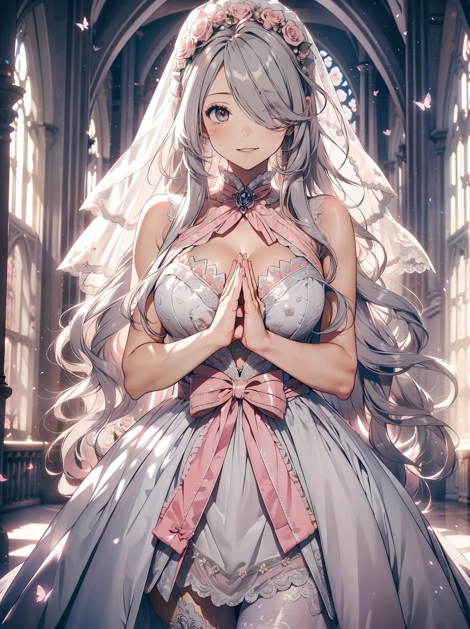 butterfly，long gray hair，Light pink wedding dresses，8k wallpaper，detailed background，best high resolution，deep v big，Hair covering one eye，Bandeau Wedding Dress，church，white roses and pale pink roses，tight fit，stockings,(((perfect and cute hands)))