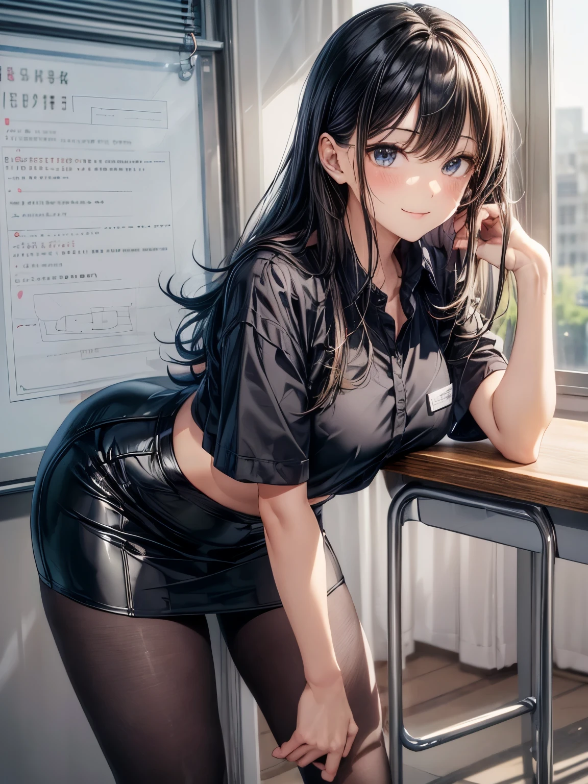 highest quality、complete limbs、full finger、1 beautiful woman、black haired woman、straight hair woman、female teacher、((Black collared Y-shirt:1.3))、((Black nylon mini pencil skirt))、((black pantyhose))、classroom、pulpit、smile、Are standing、naughty pose