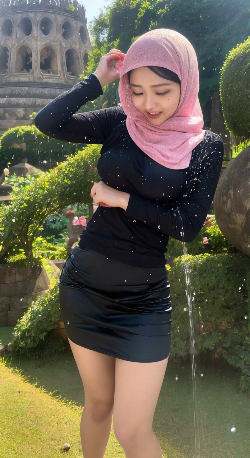 hot asian girl 18 years old squishing boobs wearing black hijab pink tight ripped shirt long Sleeve wet pee Her tight black mini skirt was ripped to shreds with big boobs in Candi Borobudur in Indonesia lifted her skirt until her pussy was visible best quality full body photo from a distance, (squirting  pee:1.5)