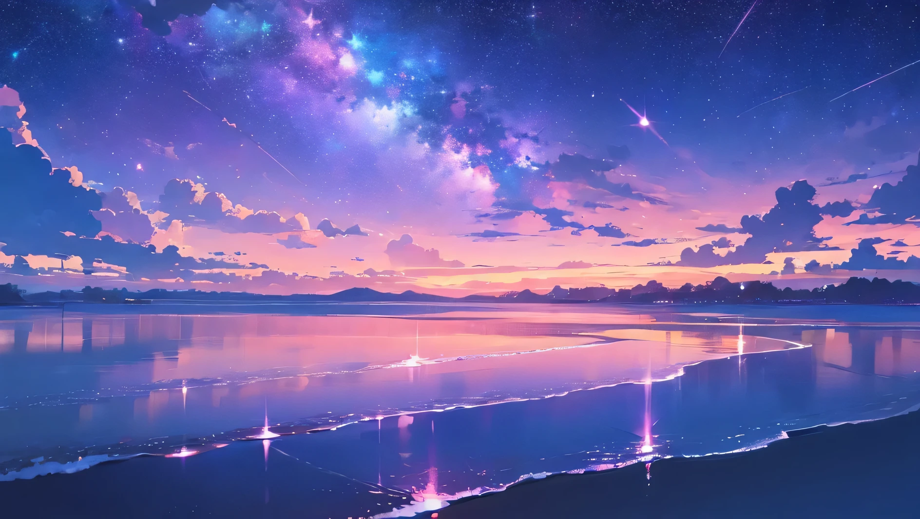 beautiful sea in the night with a lot of stars and clouds romantic and nostalgic, purple and pink