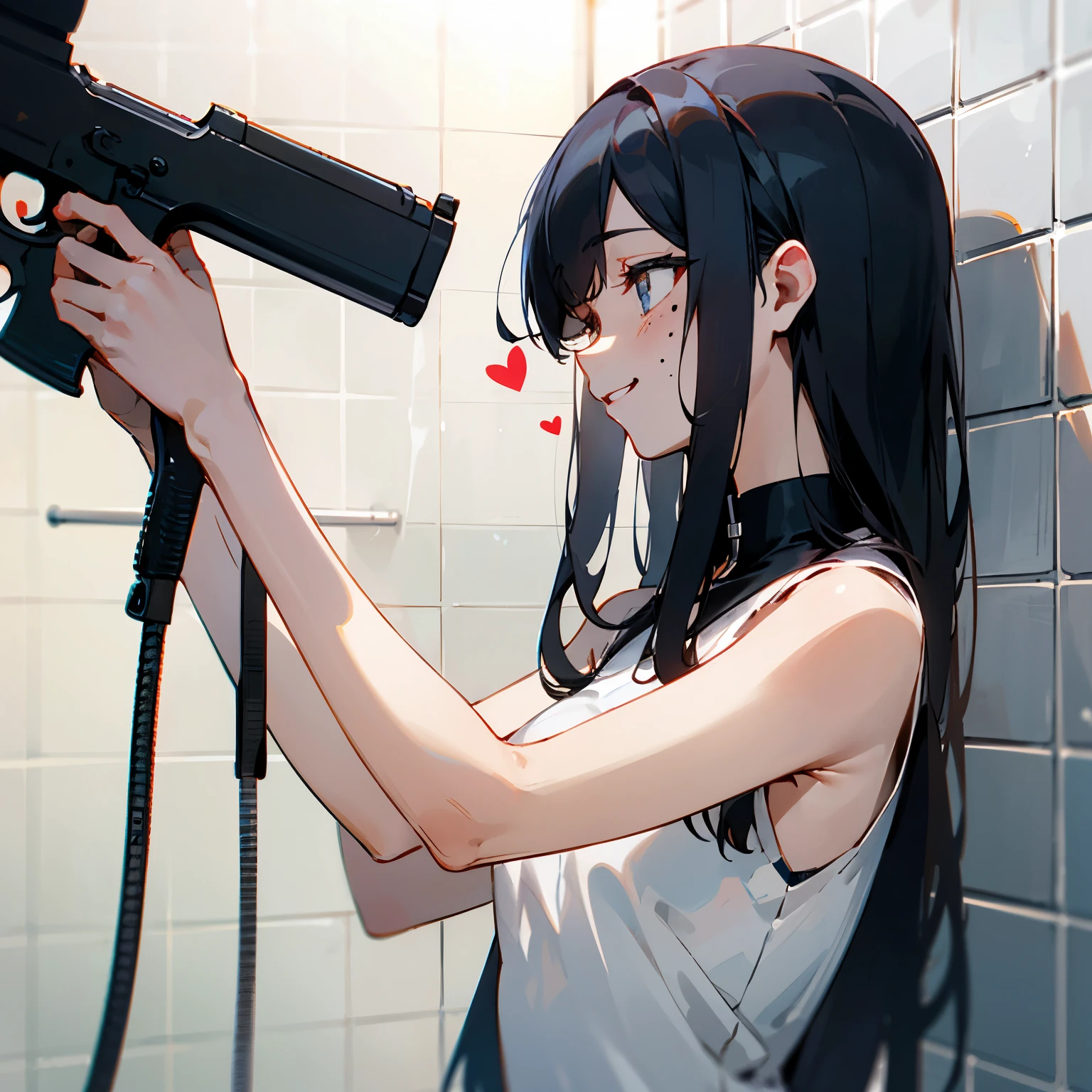 black hair, Heime cut long hair,  moles under the eyes, heart shaped eyes, gray city, smiley face, whole body, Game Life After,With a gun, profile,whole body,wearing a shower towel