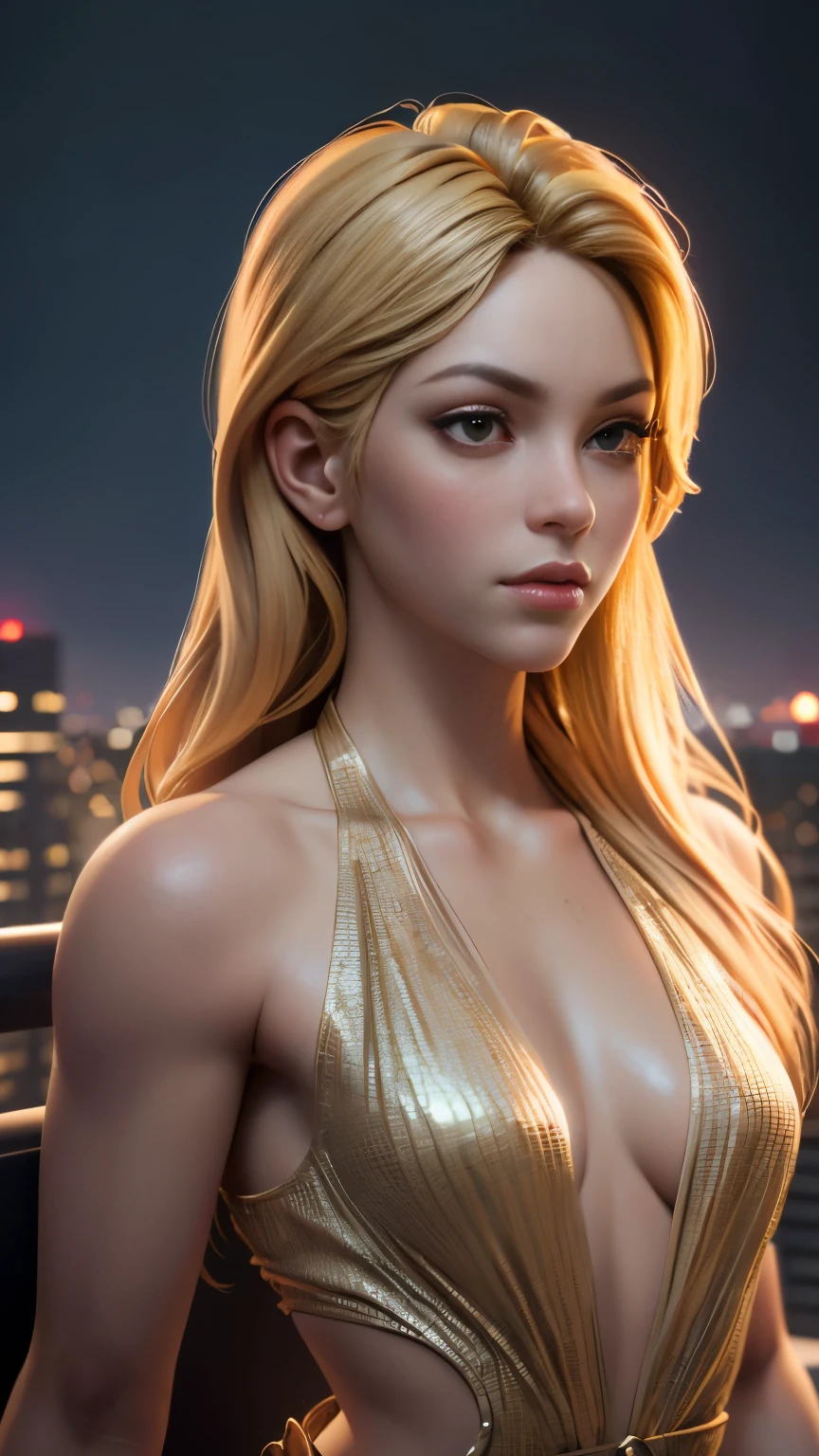 photo of Shakira, RAW, beautiful woman, ((portrait)), ((detailed face:1.2)), ((detailed facial feature, detailed skin, clear skin), (perfect proportioned body), (wearing an small low cut halter dress) (high detailed city environment, apartment balcony), (realistic photo, best quality, detailed), (8k wallpaper), (cinematic lighting, dramatic lighting) (sharp focus, intricate)
