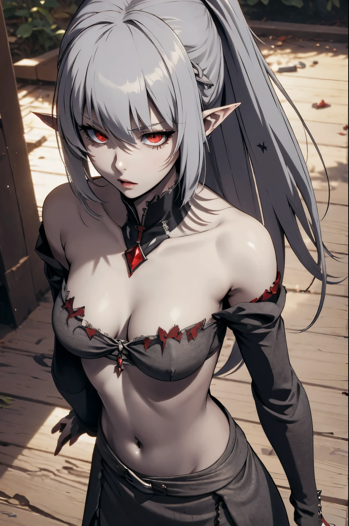 alice,vampire,grey hair, long hair, red eyes, pointy ears, small breasts,(((slaveclothes)))