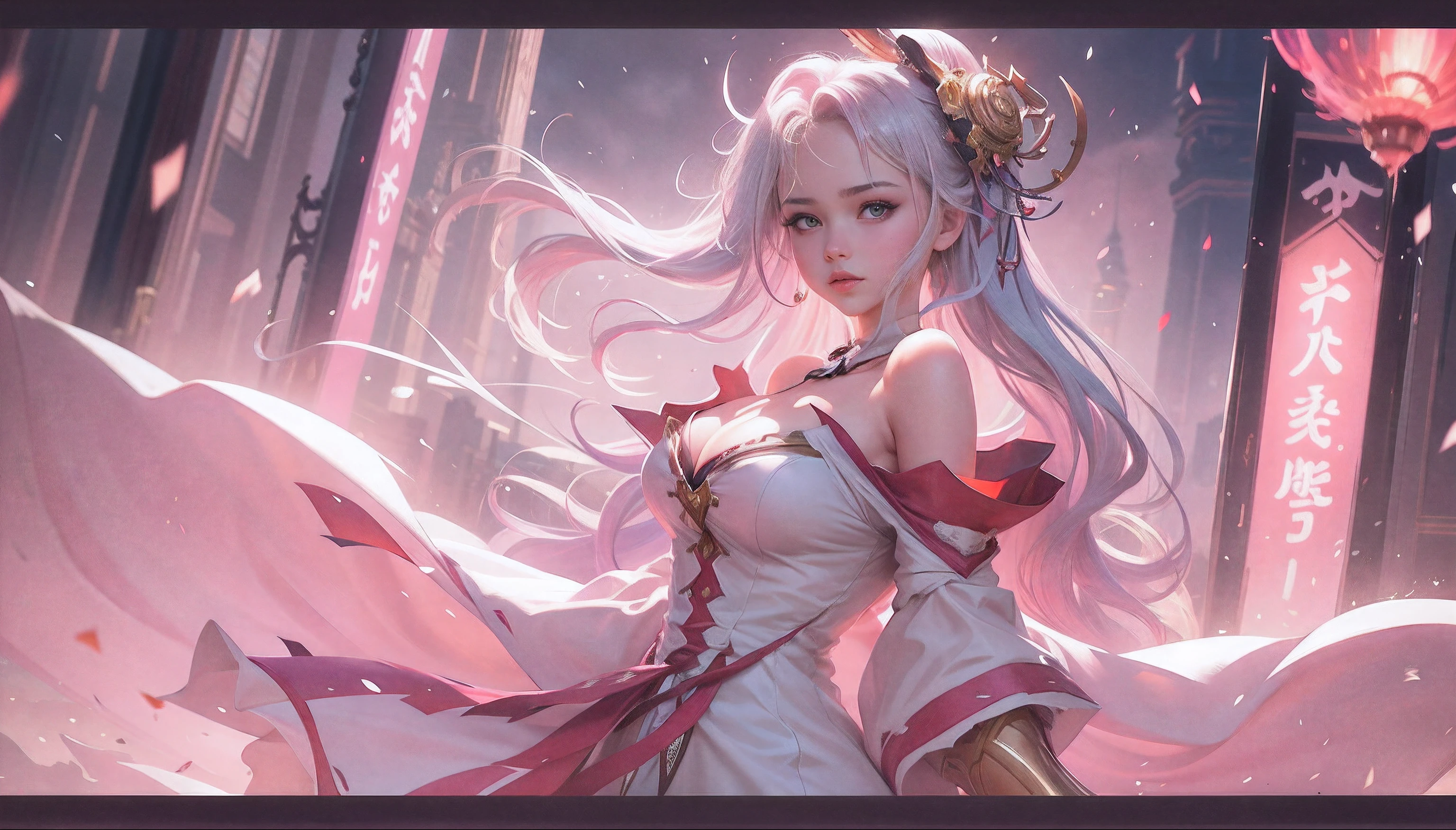 league of legends character art, League of Legends concept art,league of legends splashart, League of Legends character, league of legends art, from league of legends, Riot game concept art, league of legends style art, league of legends splashart, league of legends champion,komono, Hanfu,Taoist uniform,Off-the-shoulder attire,shift dresses,Lolita prostitute,Motion blur, Depth of field means reflection,extreme light,fog atmosphere,The moonlight shone on the side of the girl's face,22 year old,realisticlying,no-bracuum,Extra-long sleeves,Long off-the-shoulder dress,huge tit,cleavage,Full length of colorful hair(1.9),Color gradient for long hair,Messy hair,Barefoot,Full body like,realskin,realcumAnow-white skin,Snow-white thighs,Top image quality,Extreme light and shadow,White panty hose,High details,Standing painting,lines of movement,dynamicposes,komono,PC Wallpapers,Two-thirds of the canvas generates the body,move chart