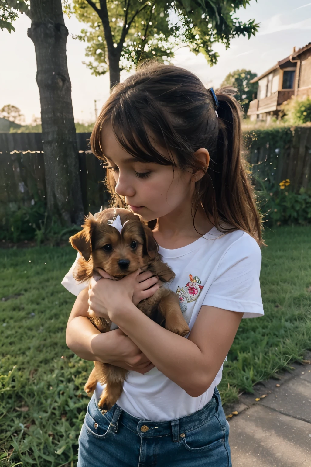 A golden Yorkshire terrier follows a little girl running on her way home,There are flowers and grass along the road,Little girl wears short sleeves on upper body,Wearing short sleeves on the lower body,Little girl having fun with puppy,The little girl has delicate facial features,Double eyelids and big eyes,high nose bridge,best quality,masterpiece,