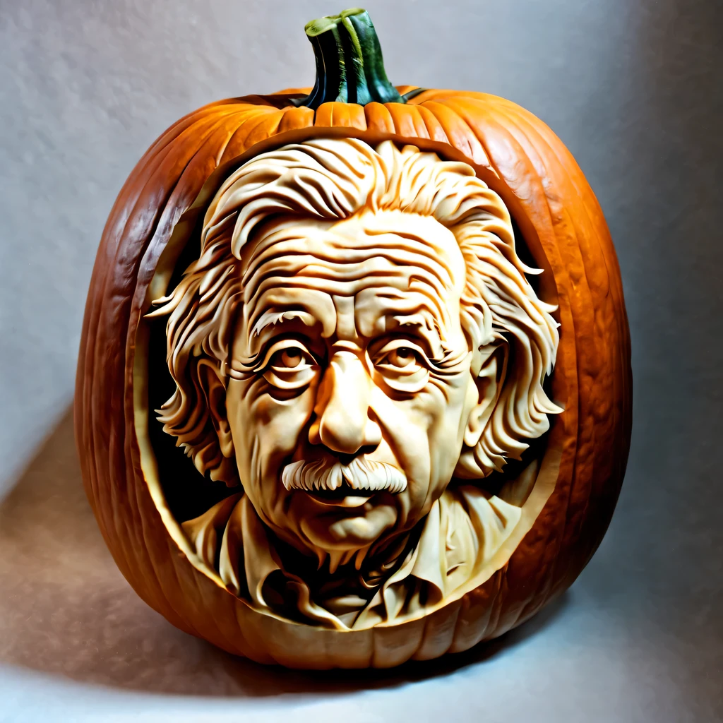 Pumpkin carving,Albert Einstein, Pumpkin carving art, carving, hyperrealistic, Super detailed, very detailed, jewelry cutting