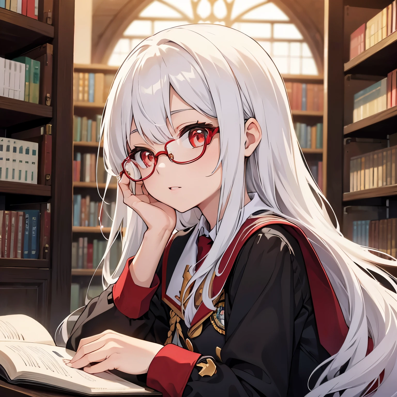 ,Upper body photos,long white hair,golden-framed glasses,red pupils,student uniform,library