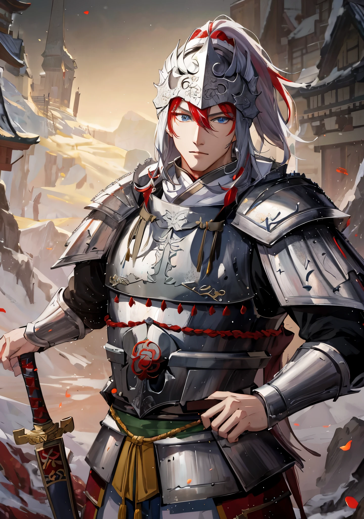 Anime character holding sword and armor in the mountains,斩妖除魔艺术中的handsome guy, white and red helmet, armored warrior, 4k comic wallpaper,armored warrior,Chinese warrior,Inspired by Zhao Yun,blue eyes,中国general,Red hair,handsome guy,general,three kingdom,Red eyebrows,Red eyelashes,Unparalleled in the Three Kingdoms