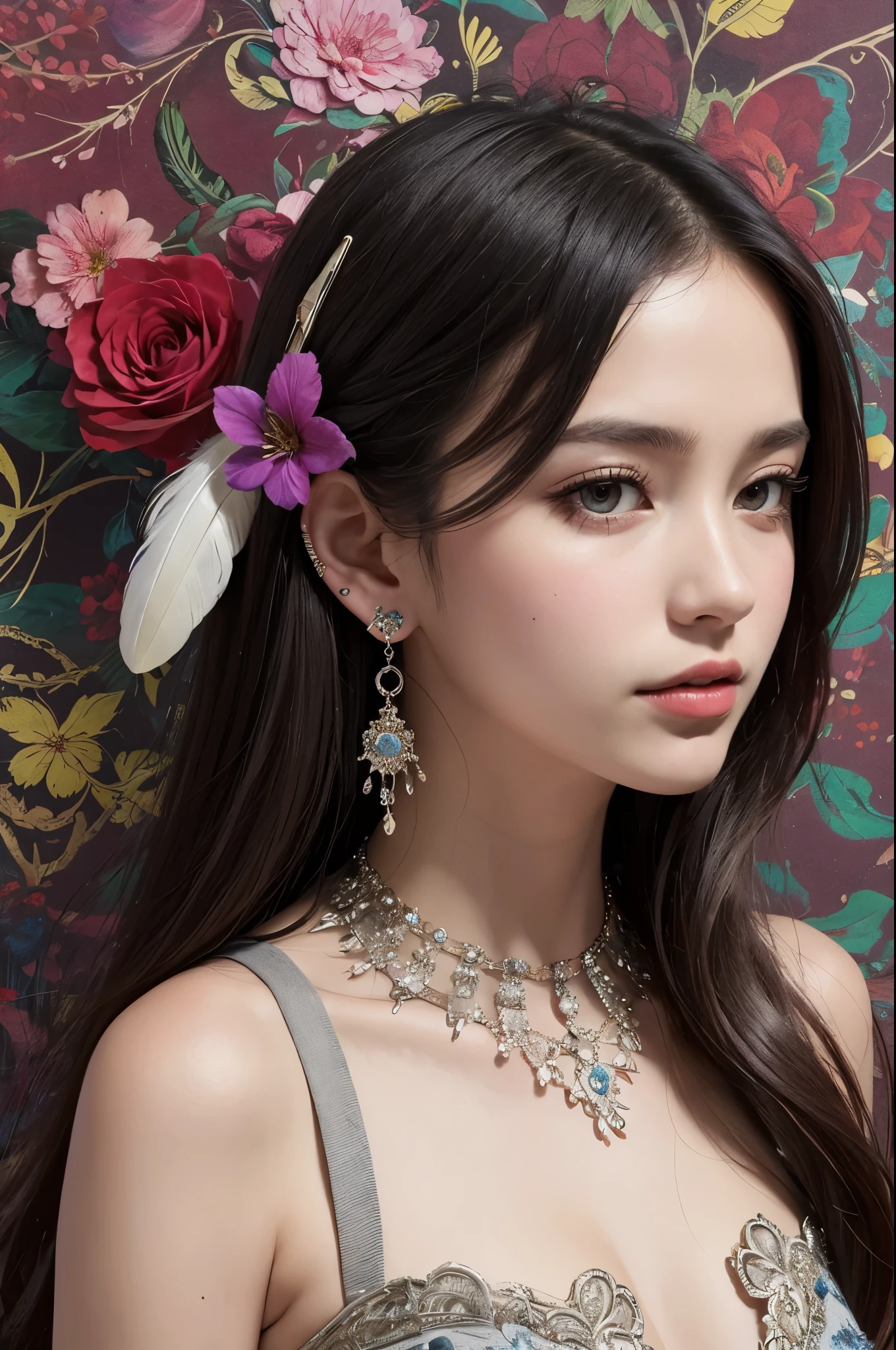 (masterpiece, quality, best quality, official art, Beautiful and beautiful:1.2), (1 girl:1.3), Very detailed,(fractal art:1.1),(colorful:1.1)(flowers:1.3),most detailed,(tangled:1.2), whole body, (abstract background:1.3), (skin shiny), (Many colors:1.4), ,(earrings feather:1.5),