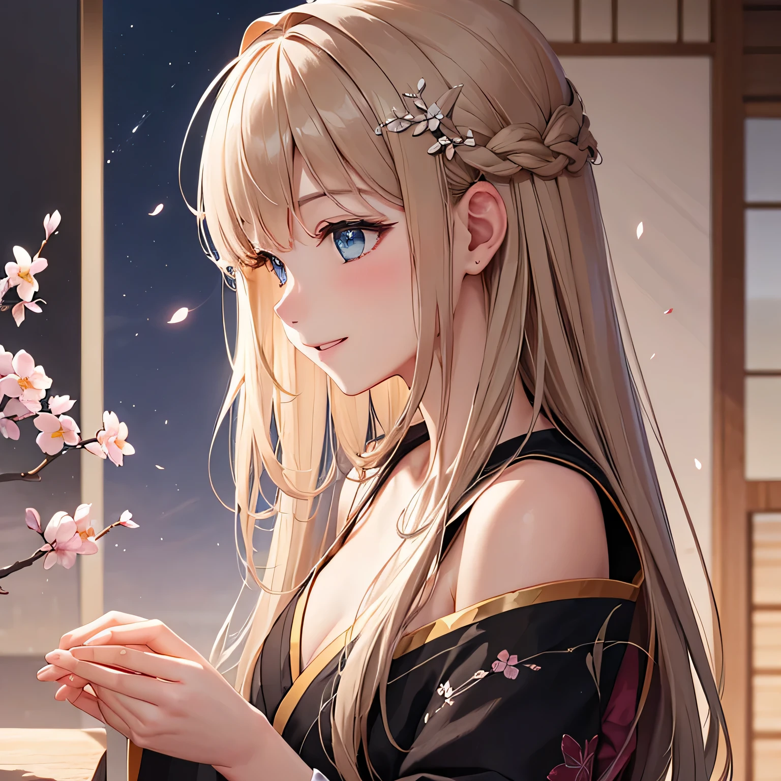 light brown hair、long hair、black kimono、confused、beautiful, delicate and detailed light blue eyes、beautiful smile with attention to detail、profile、turn around、;d、beautiful, delicate, flowing, fluffy hair、beautiful delicate and detailed hands、very delicate and detailed fingers、close range、alone、Super beautiful illustration、可愛くてbeautiful 、or period、Castle town background in the daytime、Plum blossom