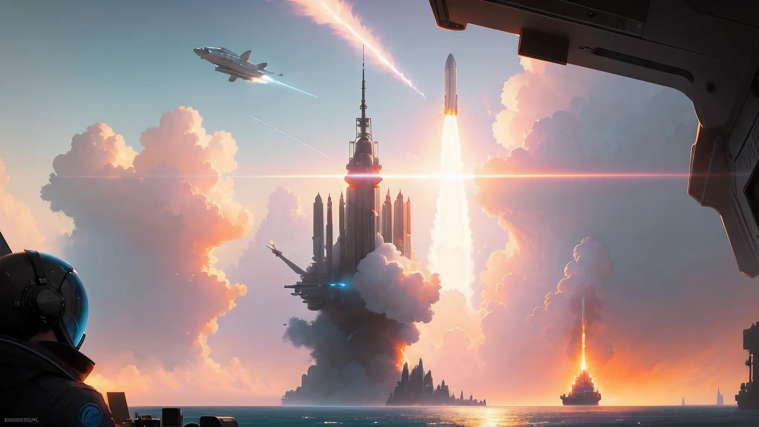 Rocket lunch over the ocean concept art, low angle, high detail, warm lighting, volumetric, godrays, vivid, beautiful, trending on artstation, by Jordan grimmer, art greg rutkowskifull
