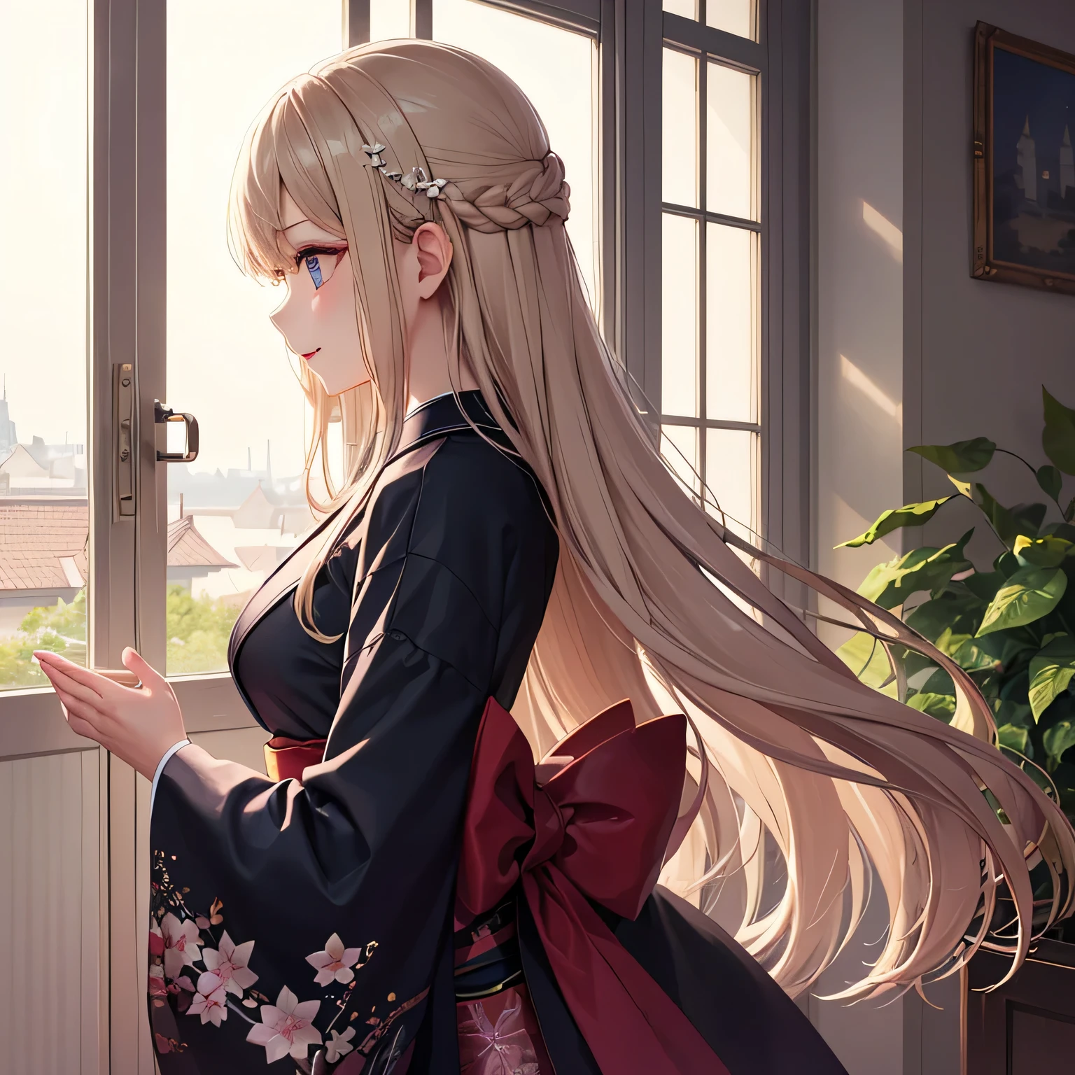 light brown hair、long hair、black kimono、confused、beautiful, delicate and detailed light blue eyes、beautiful smile with attention to detail、profile、turn around、;d、beautiful, delicate, flowing, fluffy hair、beautiful delicate and detailed hands、very delicate and detailed fingers、close range、alone、Super beautiful illustration、可愛くてbeautiful 、or period、Castle town background in the daytime、Plum blossom