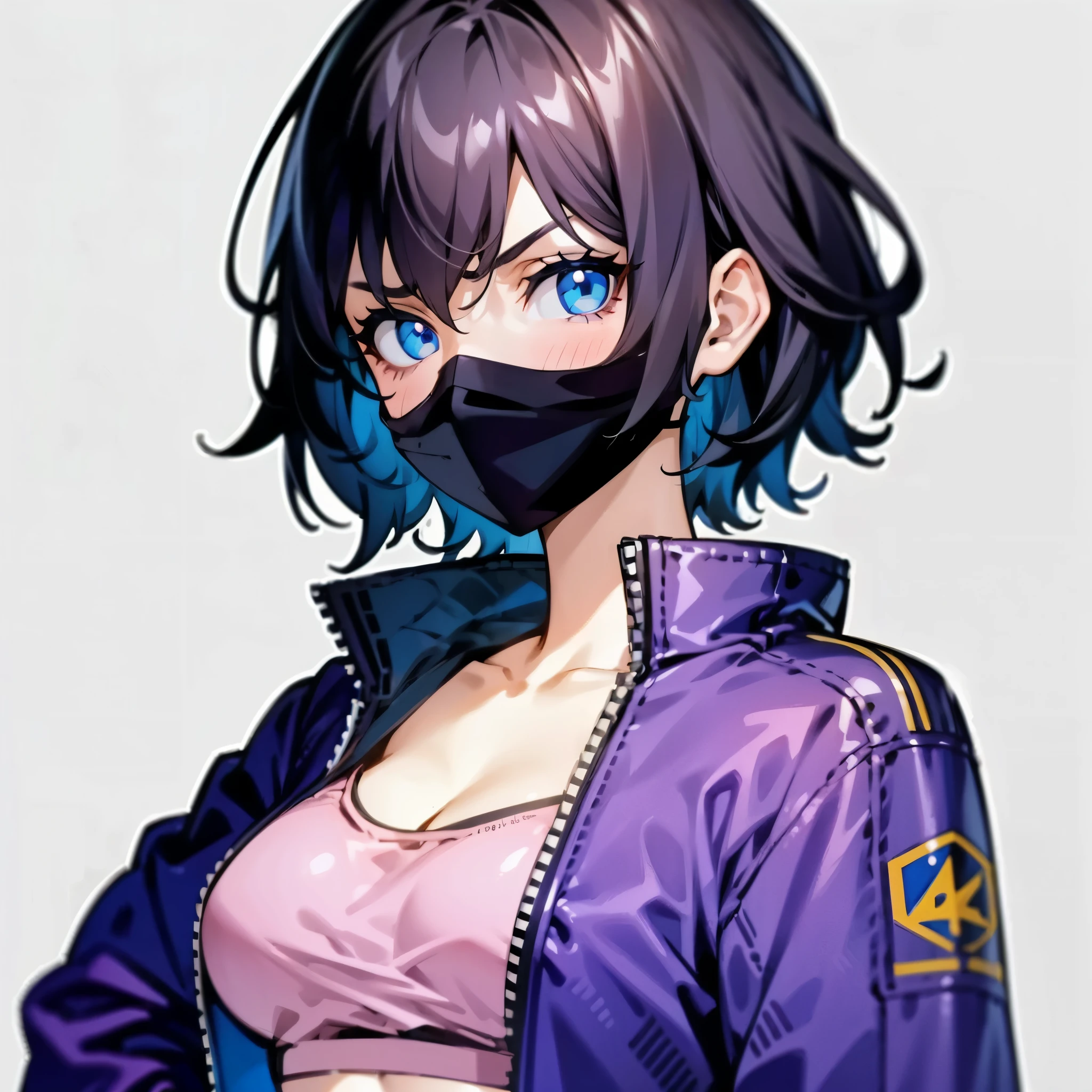 1girl, short black messy hair, blue eyes, medium breast, dark purple jacket, pink crop-top, face mask, serious, solo, best quality, masterpiece, portrait, simple background, looking at the camera, from the front, detailed, perfect anatomy, detailed art, high definition, 4k, high resolution