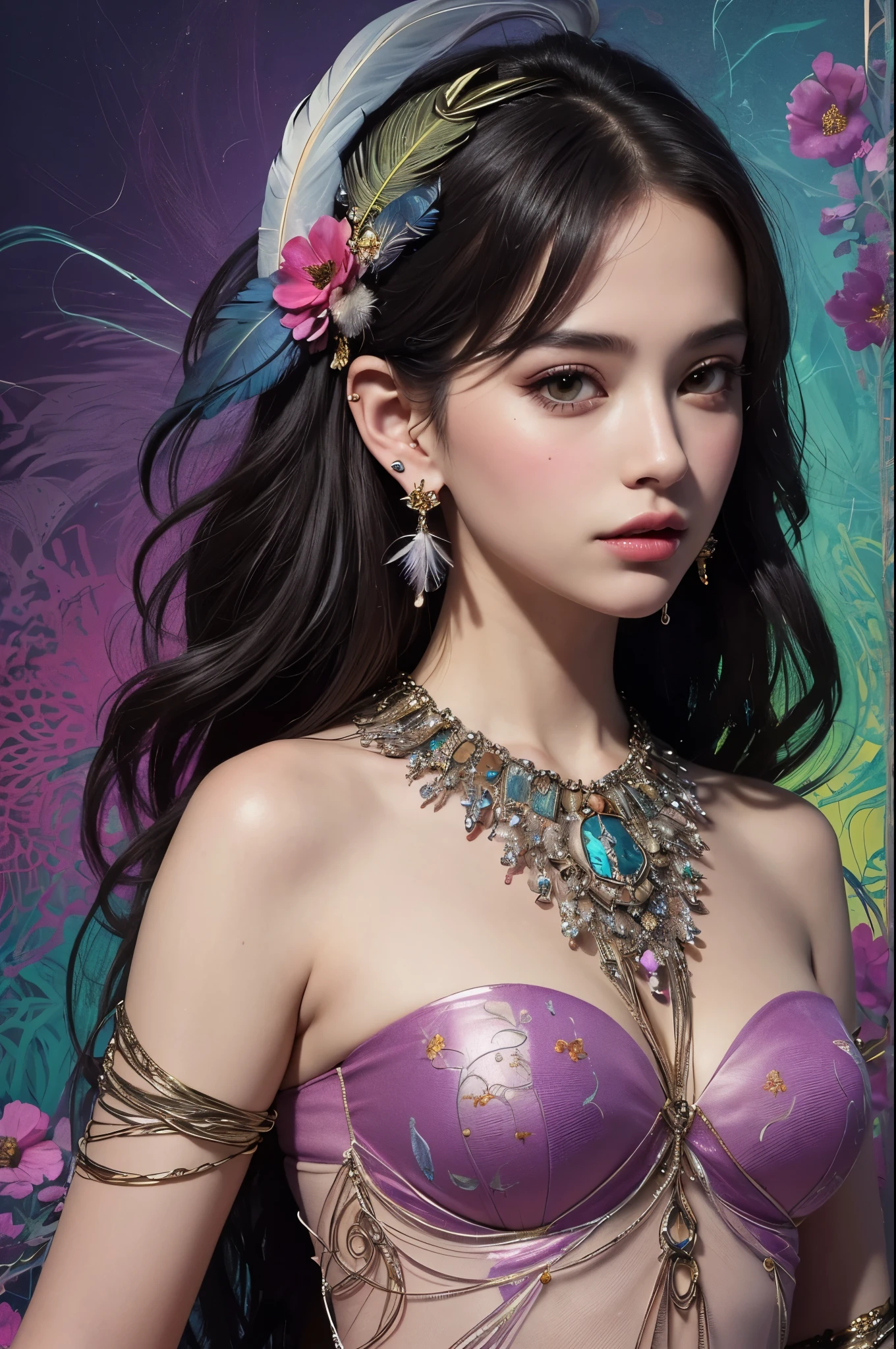 (masterpiece, quality, best quality, official art, Beautiful and beautiful:1.2), (1 girl:1.3), Very detailed,(fractal art:1.1),(colorful:1.1)(flowers:1.3),most detailed,(tangled:1.2), whole body, (abstract background:1.3), (skin shiny), (Many colors:1.4), ,(earrings feather:1.5),