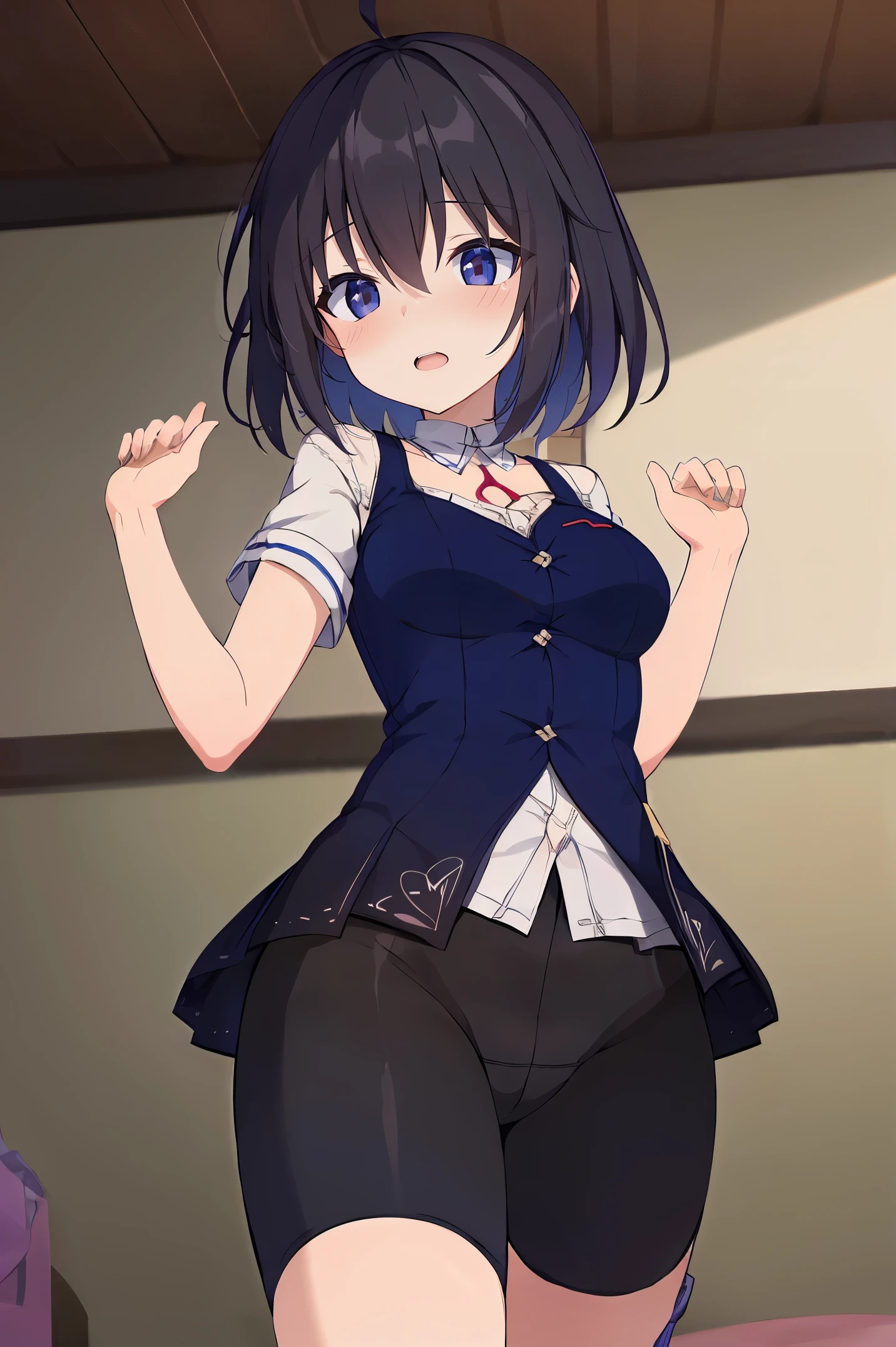 1 girl, best quality, ultra high res, ahoge, Seele Vollerei, looking at viewers, medium breast, standing, smile, open mouth, azure memories, short sleeves, Bike Shorts, bedroom, white bed sheets, pov,