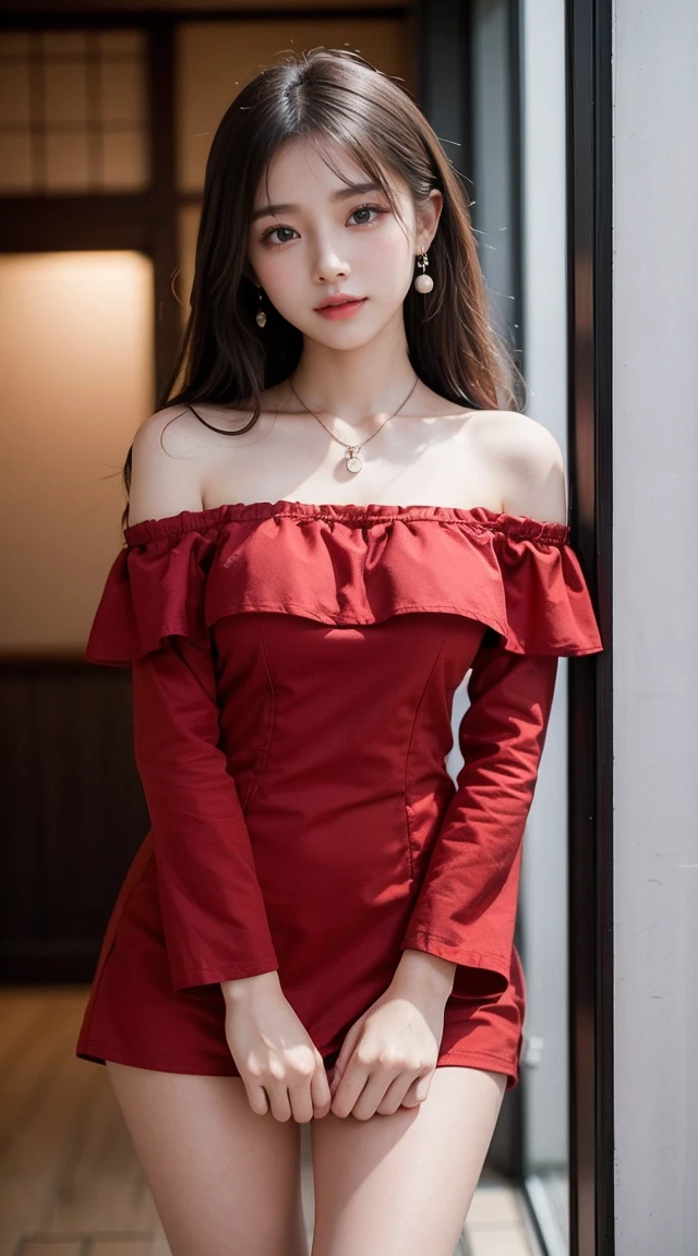 8k, RAW photo, best quality, ultra high resolution, (photorealistic), realistic photo of skinny japanese girl, (skinny japanese girl, 20 years old, most beautiful japanese girl in the world, slim face, black hair, ponytail hair), in the canyon, cliffs, black rocks, rocky mountains, bright light, (full body picture), standing posing for picture, sexy pose, hands behind the back, seductive, (wearing: (red sundress, choker, loong sleeves), (((looking at viewer))), fierce look, seductive, (extremely detailed CG unity 8k wallpaper), Sharp focus, (bright light)