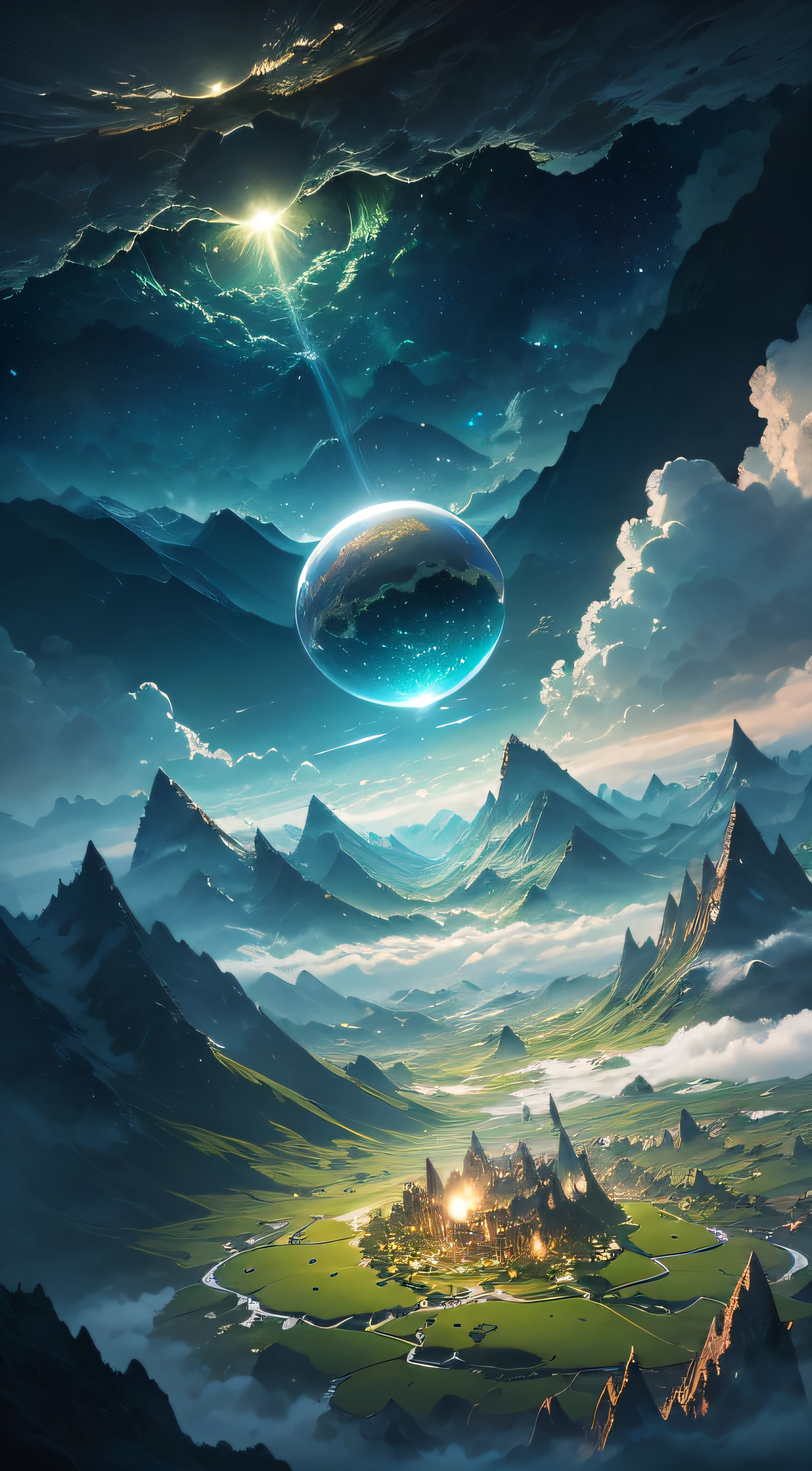 A giant mirror sphere floating in space, flickering lights, sad hamster lost (heaven like green fields surrounded by high mountains and clouds:1.3), particles in the air, god rays, stars in the background, intricate fractals, detailed, (illustration), masterpiece, high resolution, best quality.