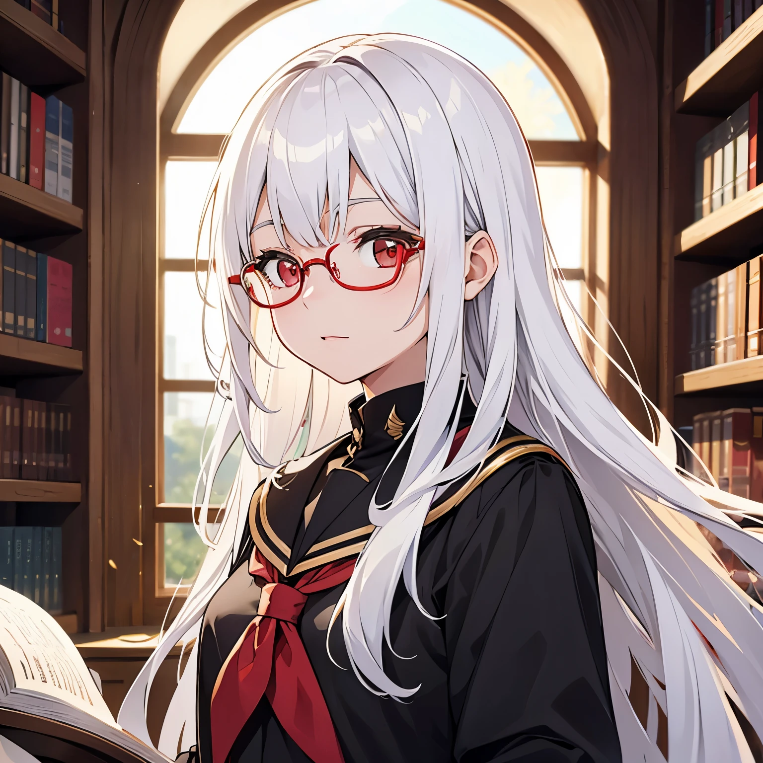 16-year-old girl,Upper body photos,long white hair,golden-framed glasses,red pupils,student uniform,library