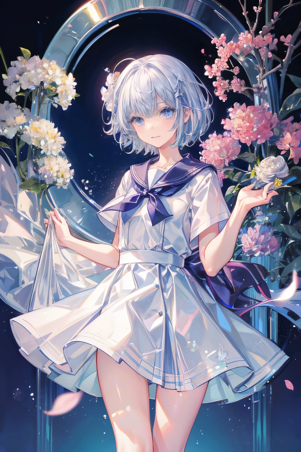 1 girl,(white) short hair,blue eyes,school uniforms,(super cute),(introvert) and shy,small breast,(thin and small),(feel happy),flowers,表情自然的