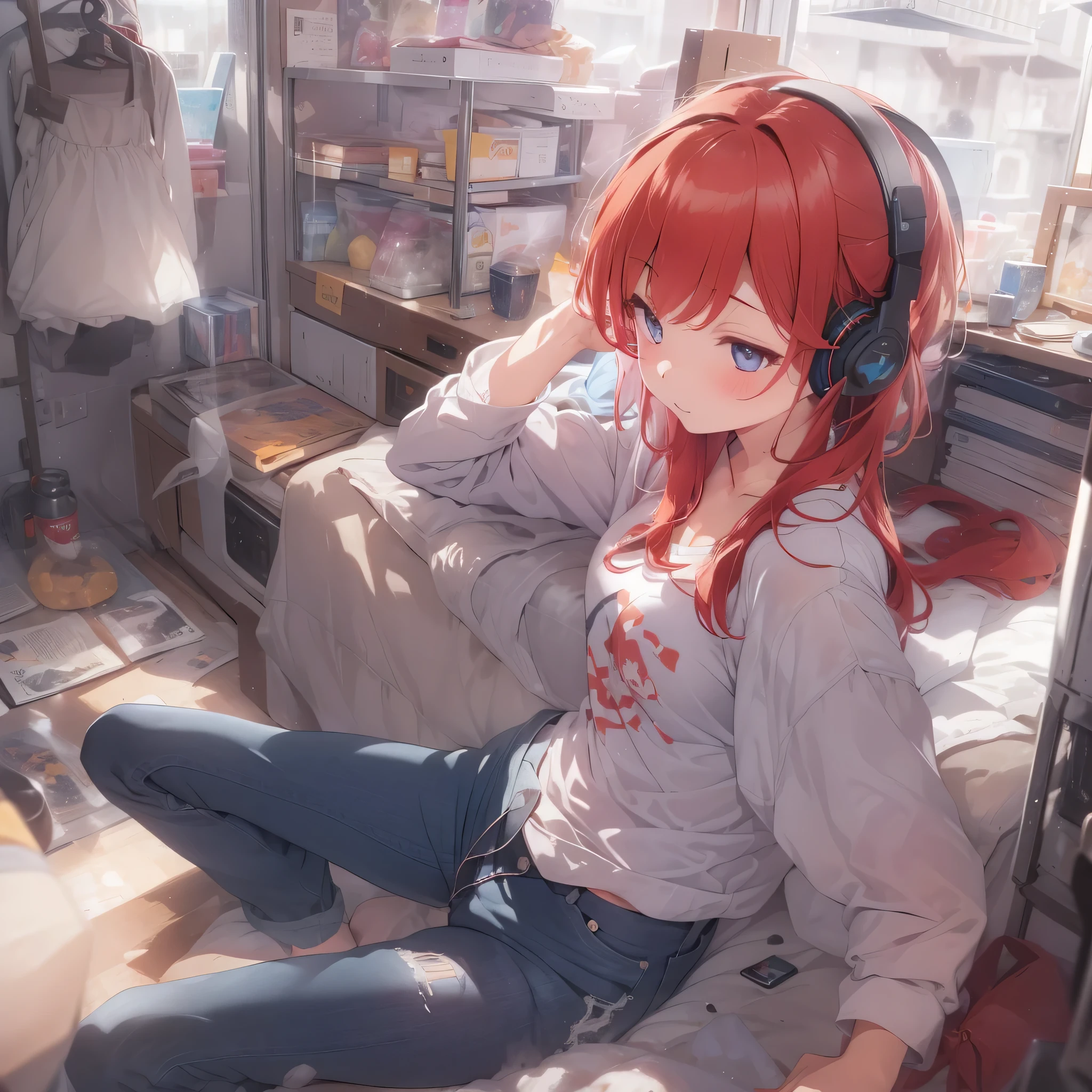 (highest quality、8K、32K、masterpiece、nffsw:1.2)、1 girl、beautiful japanese woman、big breasts thin waist、T-shirt、Jeans gray、、band、、suit、pants、from the back、One'Home、sound楽、soundを愛した後、Being drunk、detailed face、short hair、sound、Notes flutter、headphOne、bright background,redhead