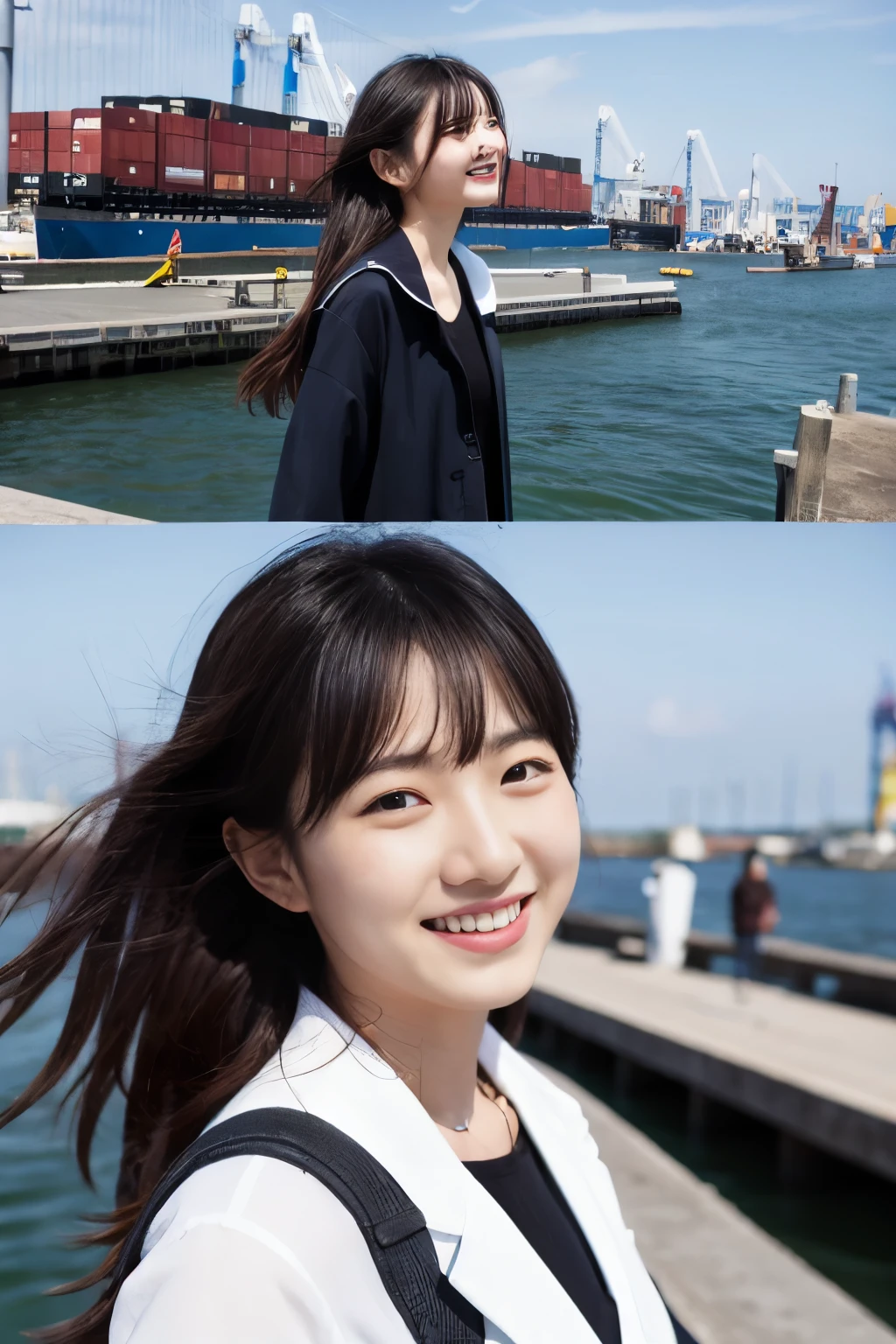 fantasy atmosphere photos、Japanese women in urban fashion、Looking at the sky at the port and smiling、Detailed photo quality