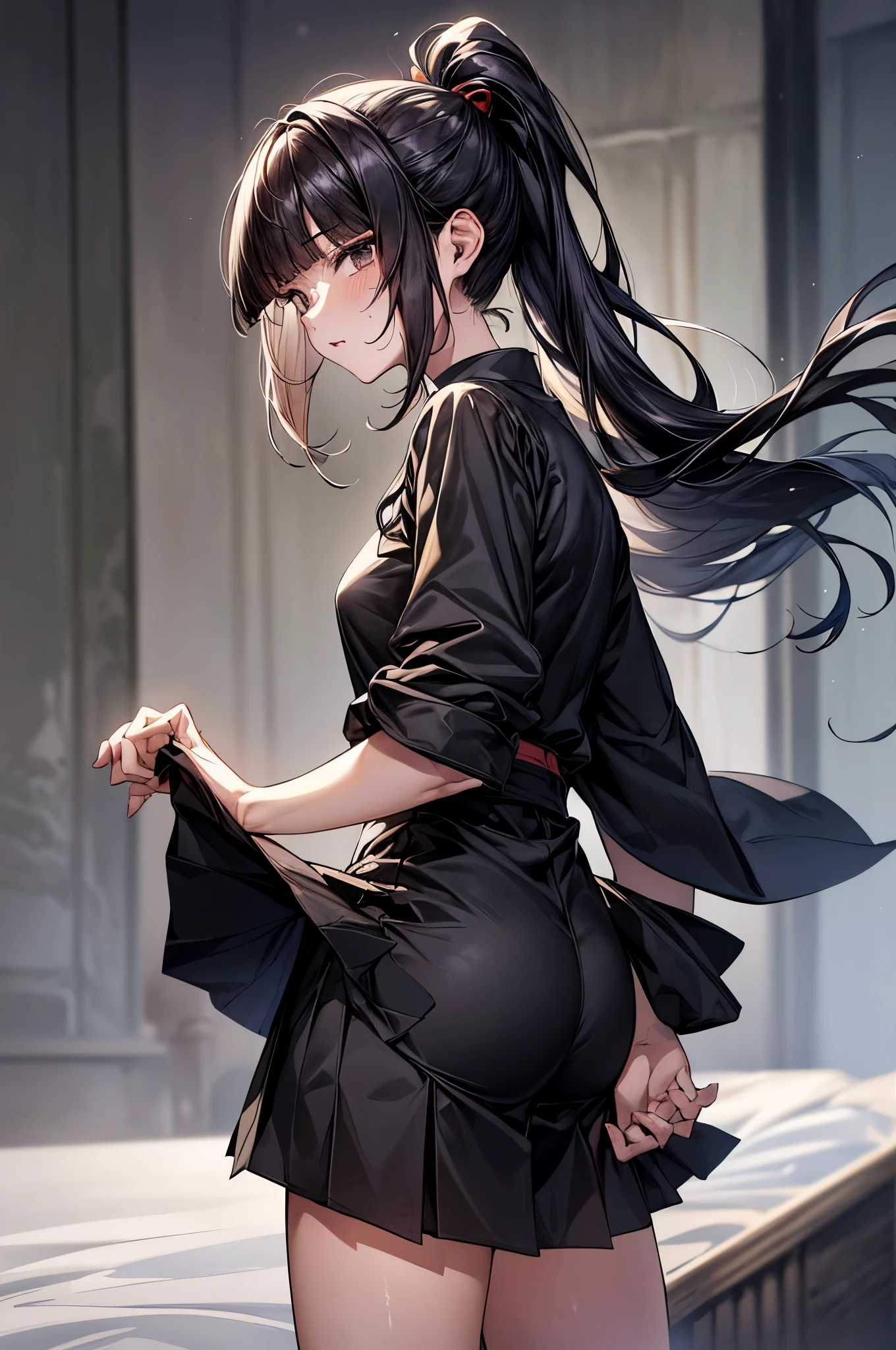 ,(Official art、Best Quality、Unity 8k Wallpapers、32K,masterpiece Best Quality, absurderes, Perfect Anatomy:1.5, Unity 8k Wallpapers,best cell anime), Detailed beautiful face and eyes,shoot from front,cowboy shot,(1woman,solo),18歳の美女、日本人、black hair,ponytail:1.2,long hair:1.2,blunt bangs,black eyes,teareul:1.3,恥ずかしげな表情、((小さい頭:1.2、skinny,medium breasts,sweat:1.1)),(黒色の和服、プリーツ入りのミニスカート))、((lift up skirt:1.5スカートを持ち上げる:1.3,白色のパンティー:1.3)),路地裏、屋外、大正時代の日本、