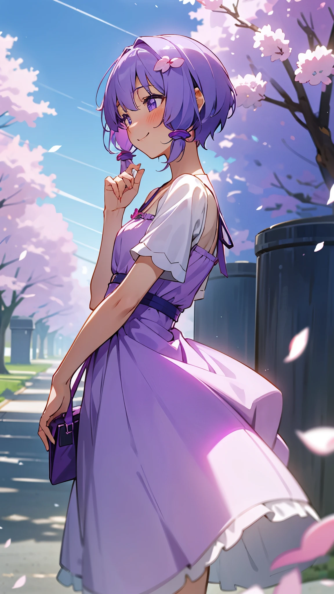 1 girl、18-year-old、Skin luster、Yuitsuki Yukari、smile、blush、profile、beautiful purple eyes、light purple hair、short hair、She is wearing a dress based on white and blue.、Cherry blossom park、White cloud