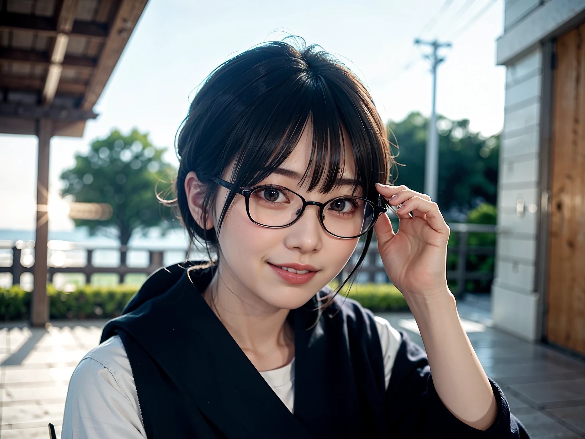 真冬のDay本の街でロングコートを着てポーズをとる女性、she wears a navy scarf around her neck.、highest quality、1 girl、small box、Day、shine、blur background、Bokeh、outside the house、(street:0.8)、woman wearing glasses、thin frame glasses、round lens glasses、thin gold glasses frames、、luxury(short hair、amount:1.2)、Beautiful sky drawn in detail、(dynamic pose:1.2)、 (Upper body:0.5)、soft lighting、Wind、glowing skin、laughter、long coat over sweater