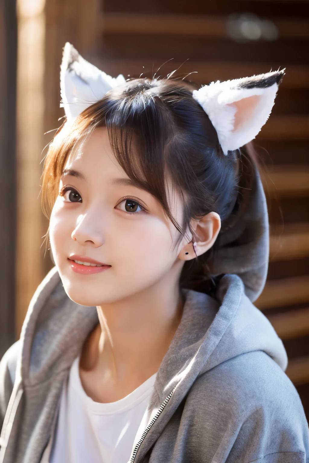 She is a cute girl with wolf-like ears, her hair is slightly gray and white, and she wears a hoodie.