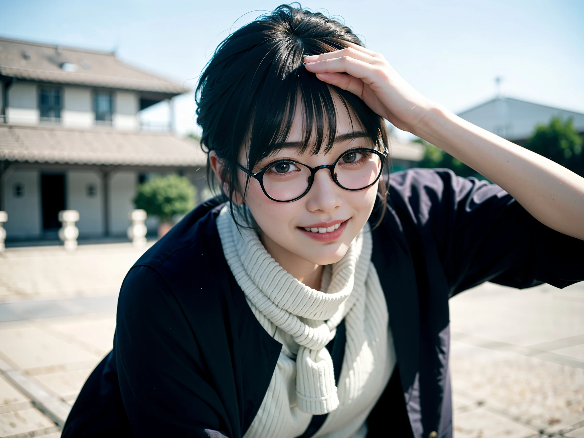 真冬のDay本の街でロングコートを着てポーズをとる女性、she wears a navy scarf around her neck.、highest quality、1 girl、small box、Day、shine、blur background、Bokeh、outside the house、(street:0.8)、woman wearing glasses、thin frame glasses、round lens glasses、thin gold glasses frames、、luxury(short hair、amount:1.2)、Beautiful sky drawn in detail、(dynamic pose:1.2)、 (Upper body:0.5)、soft lighting、Wind、glowing skin、laughter、long coat over sweater