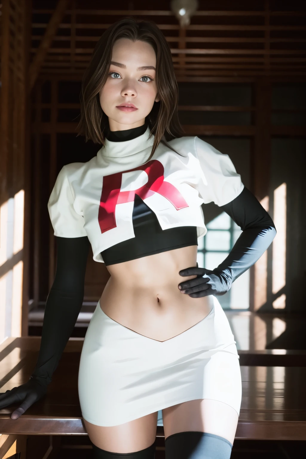 brandygordon, team rocket,team rocket uniform, red letter R, white skirt,white crop top,black thigh-highs, black elbow gloves,