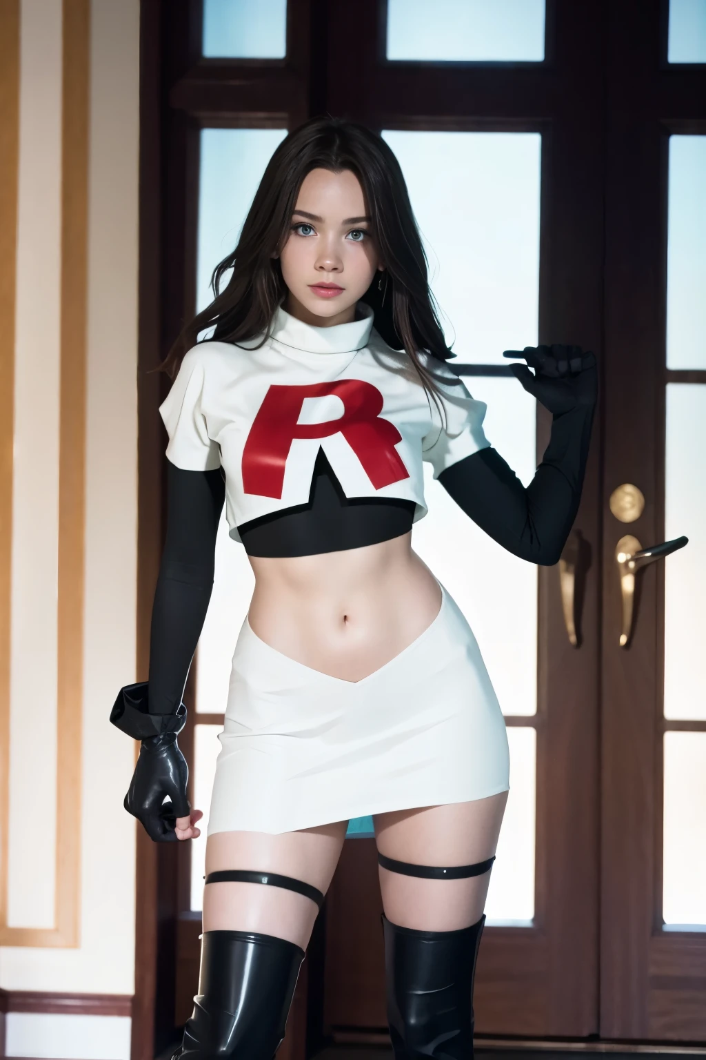 brandygordon, team rocket,team rocket uniform, red letter R, white skirt,white crop top,black thigh-highs, black elbow gloves,