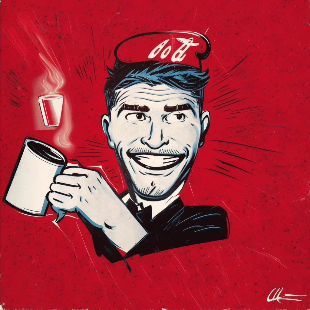 painting of a man holding a cup of coffee with a smile on his face, portrait of morning coffee, h3h3, drinking a coffee, on a red background, drinking coffee, drinking a cup of coffee, drink more coffee, cartoonish and simplistic retro vintage anuncios antigos