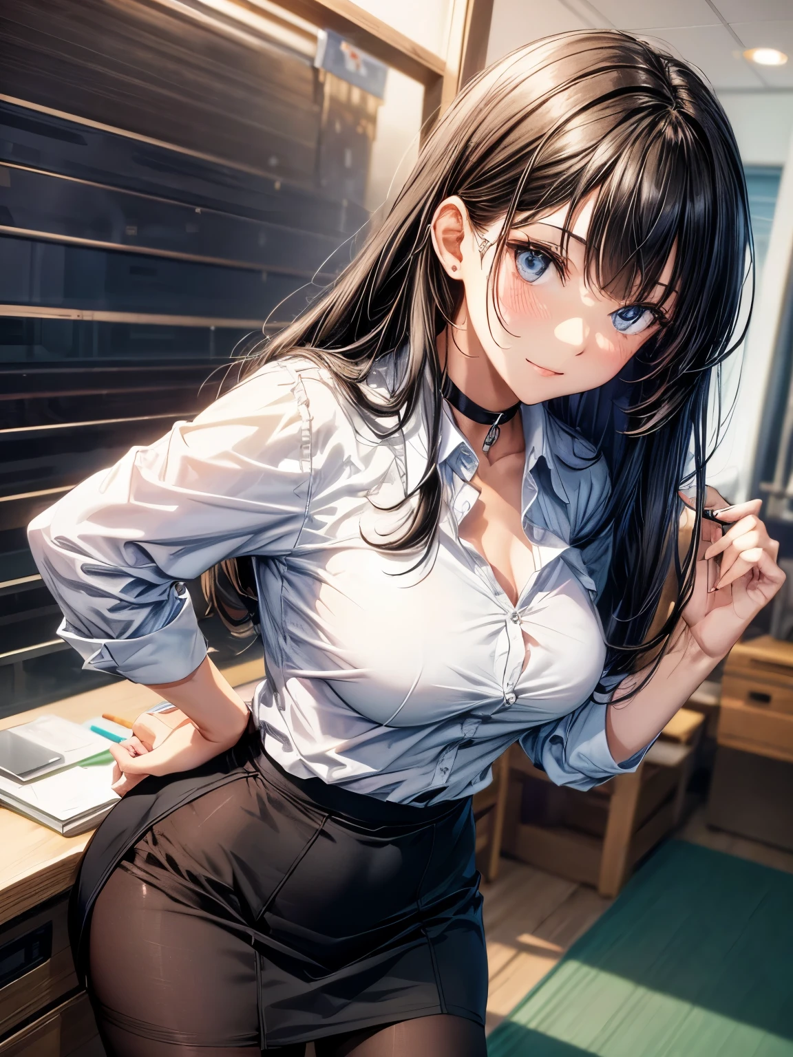 4K, (masutepiece), Highest Quality,  2D, ((NSFW)), ( Anime School Gil), (Unbuttoned shirt), (Small breasts), Nipples, long brown hair, Blue eyes, Smile, Full height, Clear eyes, Black eyelashes, (intricate-detail), Dramatic, By Shinkai Makoto, Trending on CGSociety