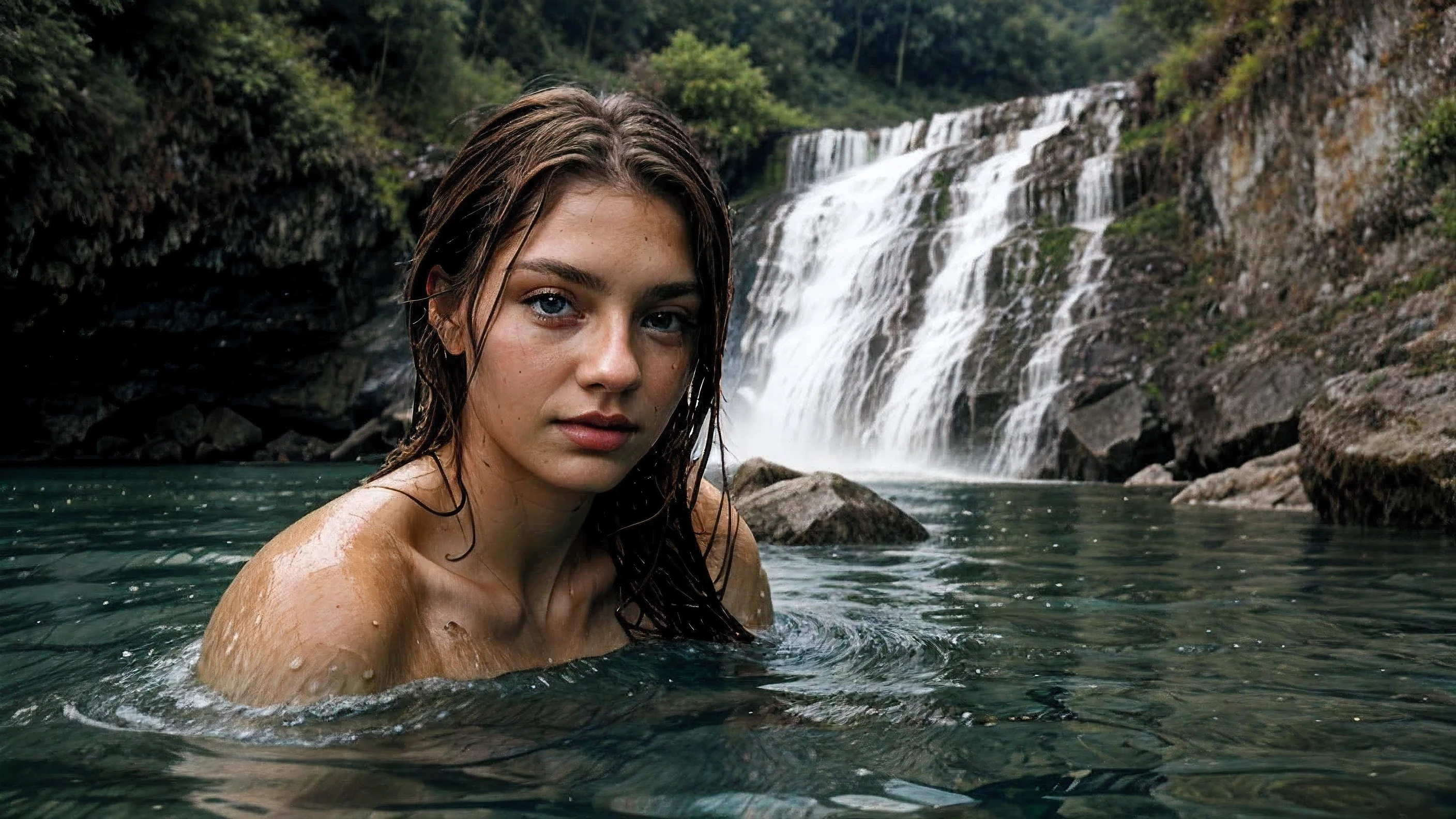 photo of the beautiful 20 year old woman in a lake, her shoulders and head out of the water, wet hair, wet body, big waterfall in background, brown hair, big blue eyes, long eyelashes, swimming, photorealistic , masterpiece, hyper realistic,