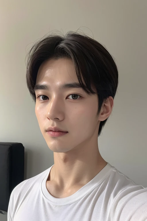 top-quality, ​masterpiece, 超A high resolution, (realisitic: 1.4), Original photo, wall, Head Photo, The skin, simple background, Black eyes, detaileds, selfy, 1 boys, 18 years old, a handsome, breezing, rays of sunshine, a room, Amazing handsome man, Cute, Center Part, A face like Song Kang, Face, Refreshing, not too thick eyebrow, cool face, cold face, muscular body