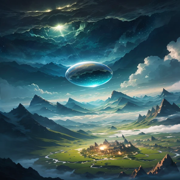 A giant mirror sphere floating in space, flickering lights, sad hamster lost (heaven like green fields surrounded by high mountains and clouds:1.articles in the air, god rays, stars in the background, intricate fractals, detailed, (illustration), masterpiece, high resolution, best quality.