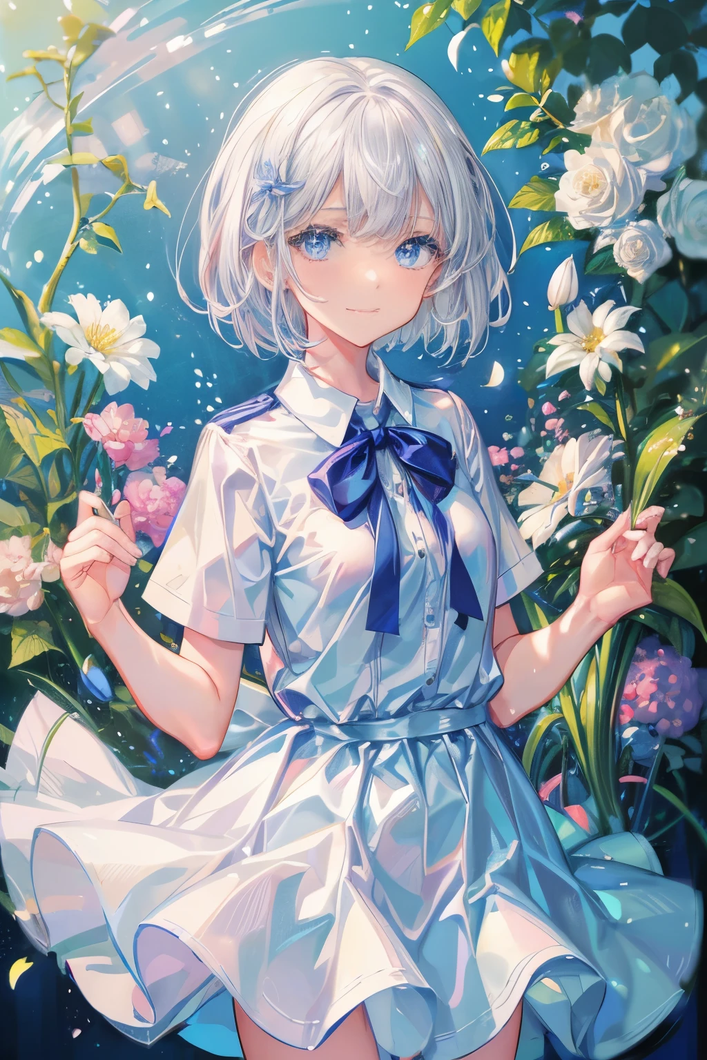 1 girl,((white)) short hair,blue eyes,school uniforms,super cute,(introvert) and shy,small breast,(thin and small),(feel happy),flowers,表情自然的,明亮的眼睛