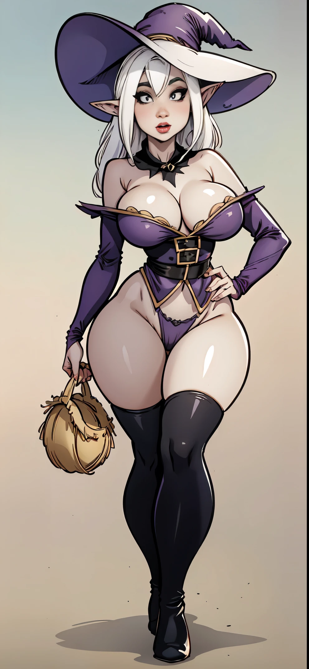 Big breast, big hips, witch outfit, big witch hat, stockings, elf ears, albino skin, head to hip portrait,