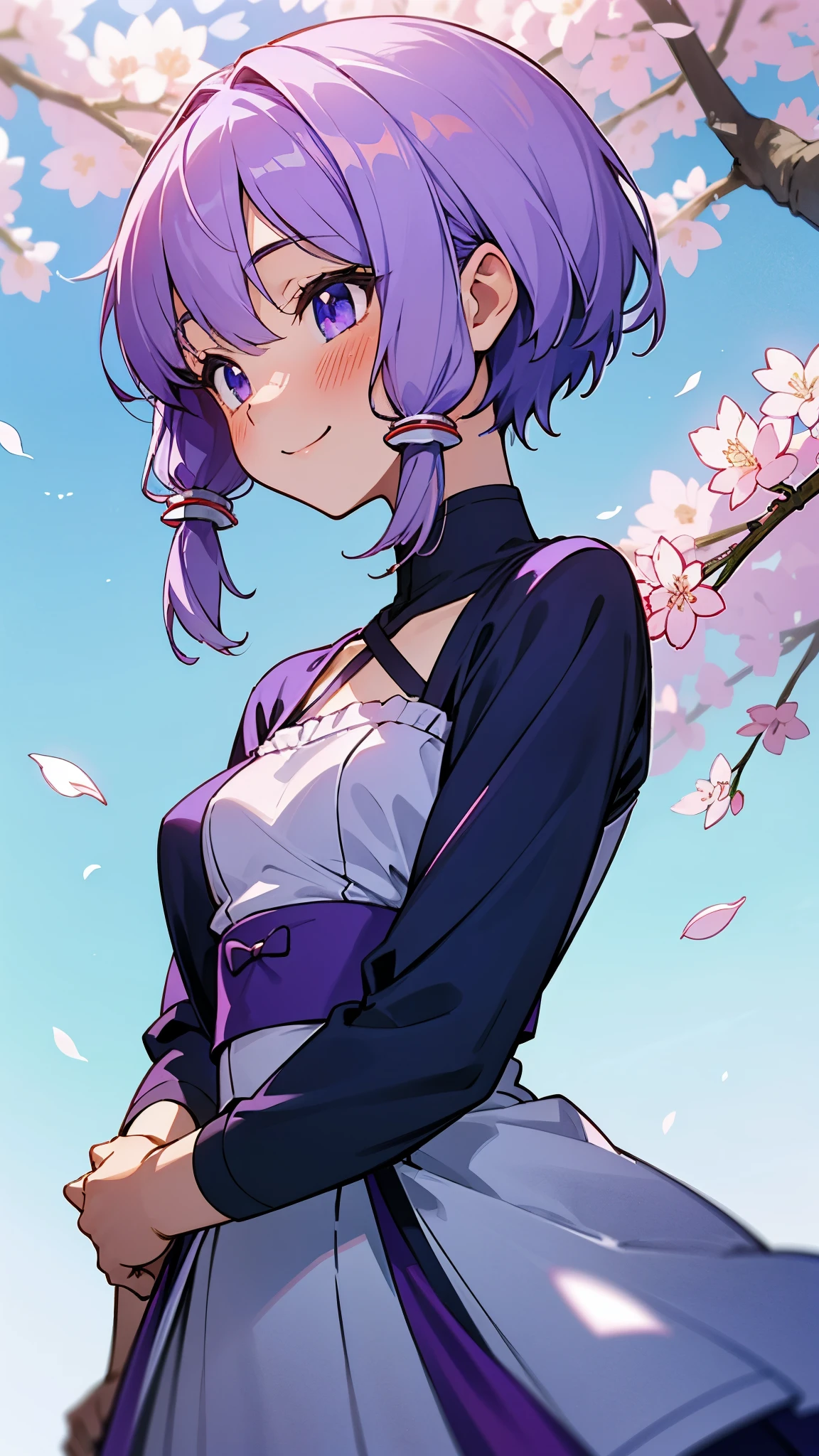 1 girl、18-year-old、Skin luster、Yuitsuki Yukari、smile、blush、profile、beautiful purple eyes、light purple hair、short hair、She wears a dress based on white and blue.、Cherry blossom park、Blue sky