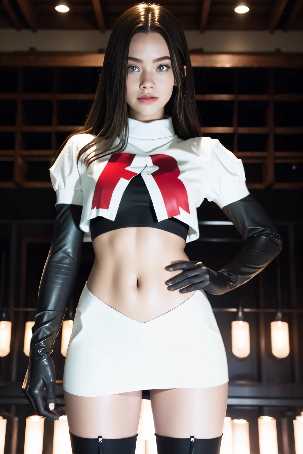 brandygordon, team rocket,team rocket uniform, red letter R, white skirt,white crop top,black thigh-highs, black elbow gloves,