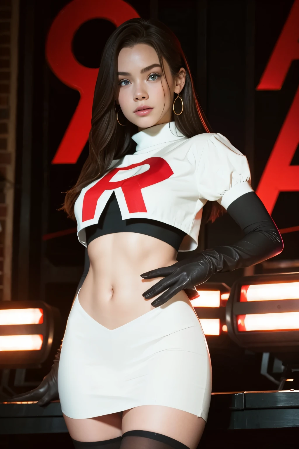 brandygordon, team rocket,team rocket uniform, red letter R, white skirt,white crop top,black thigh-highs, black elbow gloves,