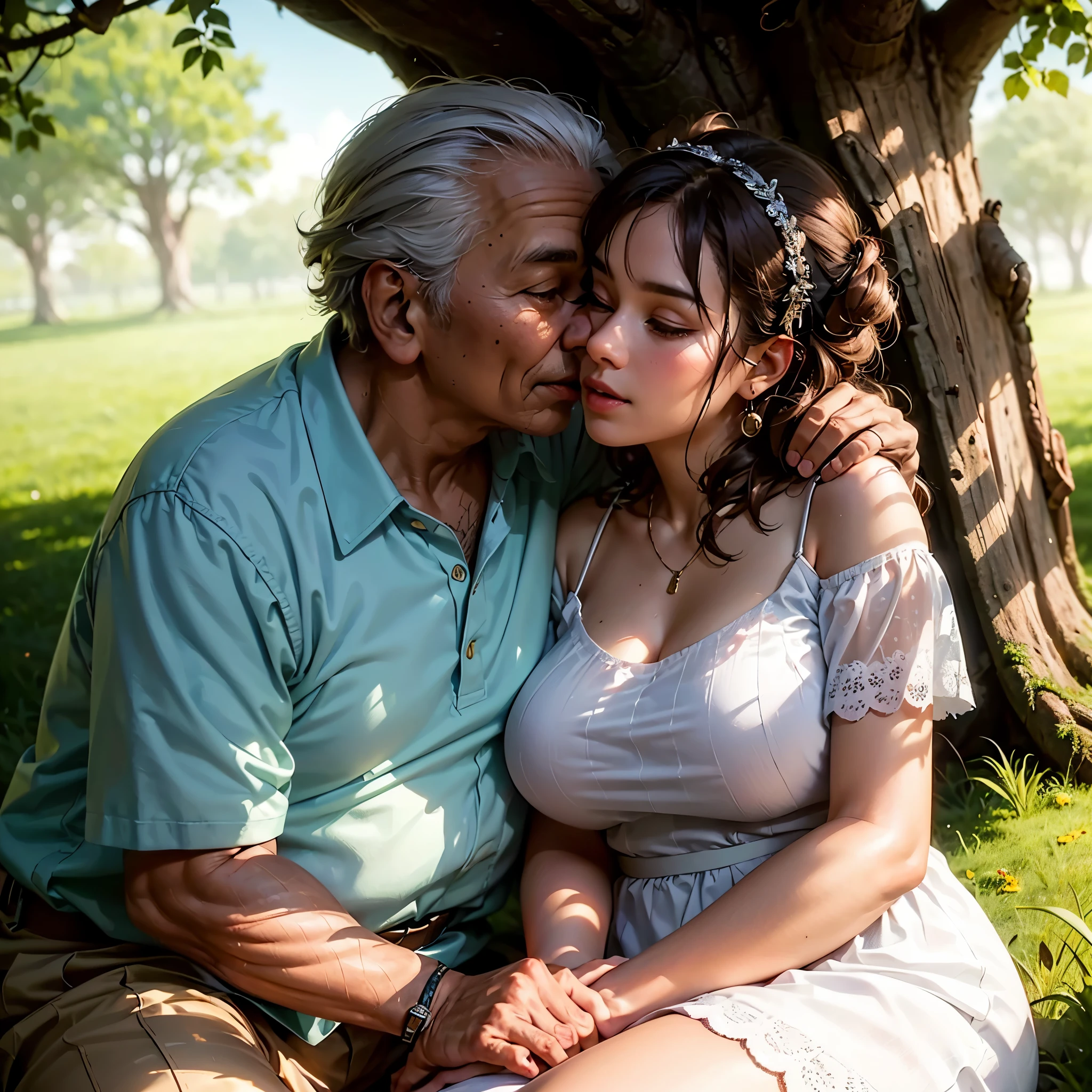 Under the old oak tree in their favorite spot, a 18 years old lady wearing summer dress with large round boobs rushes into her grandpa's embrace, her eyes beaming with love and happiness. The warmth of their connection radiates as she wraps her arms around him and kiss his lips, feeling the comfort of his familiar presence. Her grandpa, with a gentle smile on his face, envelops her in a tender hug, conveying years of wisdom, love, and affection. In that simple yet profound moment, amidst the rustling leaves and whispers of memories, generations bridge the gap, sharing an unspoken bond that transcends time, (masterpiece, best quality:1.2),(8k,highres,RAW photo,realistic,photo-realistic:1.3),(detailed skin texture,detailed cloth texture,beautiful detailed face:1.25),professional lighting,photon mapping,beautiful soft light,radiosity,physically-based rendering,model shoot style, model shoot style, (extremely detailed CG unity 8k wallpaper), full shot body photo of the most beautiful artwork in the world, complex 3d render ultra detailed, looking at viewer, 18 yo, wet hair, real human skin, vibrant details, hyperrealistic, beautiful, octane render, 8k, best quality, masterpiece, an extremely delicate and beautiful, extremely detailed ,CG ,unity ,wallpaper, (realistic, photo-realistic:1.37),Amazing, finely detail, masterpiece,best quality,official art, extremely detailed CG unity 8k wallpaper ,extreme detailed eyes, (perfect face), shiny skin, colorful, highest detailed, vibrant colors, ultra high res, (high contrast), intricate, lens flare, 