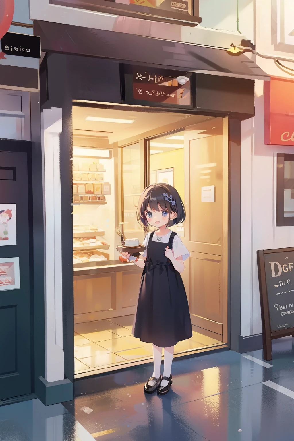 little girl  cake, At the cake shop, street view.