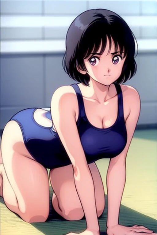 1girl, haruka, black hair, short hair, bangs, looking at viewer, medium breast, cleavage, (all fours, seiza), upper body, ((competition swimsuit)), (best quality, masterpiece:1.3)