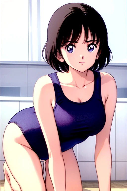 1girl, haruka, black hair, short hair, bangs, looking at viewer, medium breast, cleavage, (all fours, seiza), upper body, ((competition swimsuit)), (best quality, masterpiece:1.3)