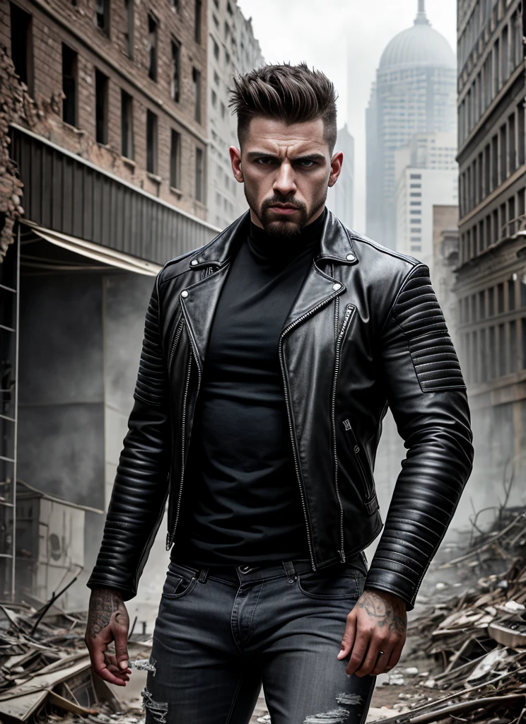 hyperrealistic photo, RAW professional photos, 1 boy, Tough guy portrait, Wearing a biker jacket, look at the audience, complex, elegant, Very detailed, arrogant, Post-apocalyptic city ruins background, Very detailed, 8k