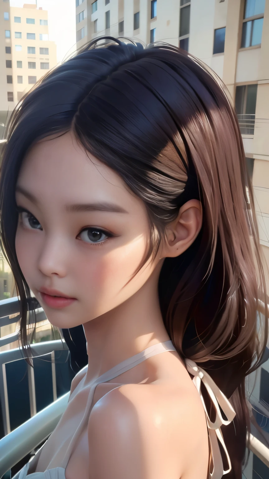 photo of Jennie from black pink, RAW, beautiful woman, ((portrait)), ((detailed face:1.2)), ((detailed facial feature, detailed skin, clear skin), (perfect proportioned body), (wearing an small low cut halter dress) (high detailed city environment, apartment balcony), (realistic photo, best quality, detailed), (8k wallpaper), (cinematic lighting, dramatic lighting) (sharp focus, intricate)